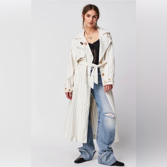 Free People Striped White Trench Coat